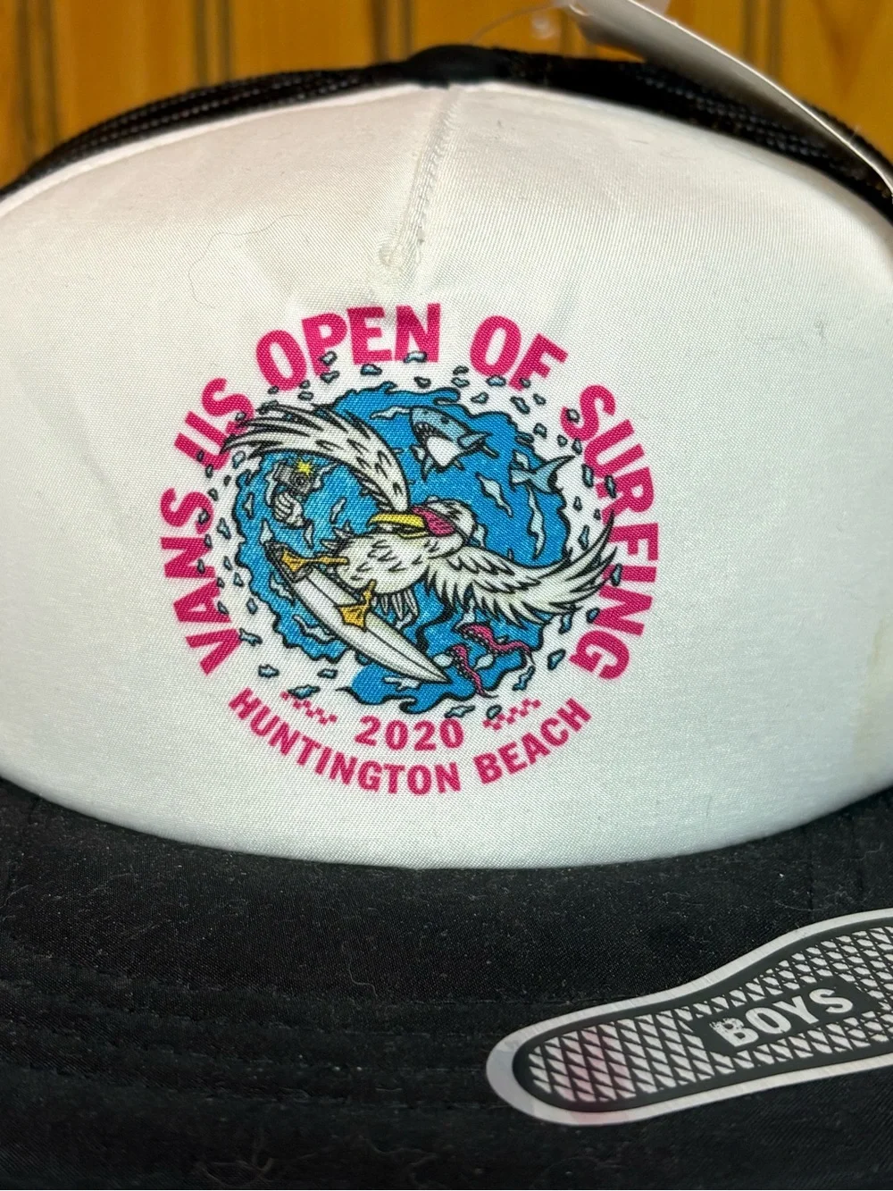 Vans Black and White Trucker Hat with Surf Graphic
